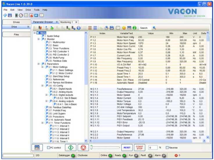 VACON 100 INTERFEJSY UŻYTKOWNIKA 3.5 VACON LIVE Vacon Live to przeznaczone na komputery PC narzędzie do uruchamiania i konserwacji przemienników częstotliwości Vacon 10, Vacon 20 i Vacon 100).