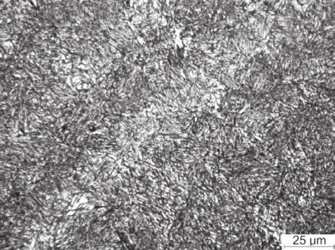Micrographs of specimens of NANOS-BA P steel subjected to cooling in a dilatometer to a temperature below M S : (a) 160ºC, (b) 140ºC, (c) 120ºC, (d) 100ºC, short time holding (60 seconds), heating