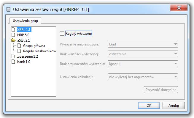 Ustawienia grup Funkcja dla wcześniej wybranego zestawu reguł pozwala na: sprawdzenie: o wersji reguł w danym zestawie taksonomii, o ustawień w sposobie prezentacji negatywnych wyników kontroli