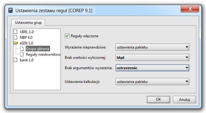 Ustawienia zestawu reguł - zmiany w sposobie interpretacji niespełnionych reguł W przypadku podgrup w regułach (zob.