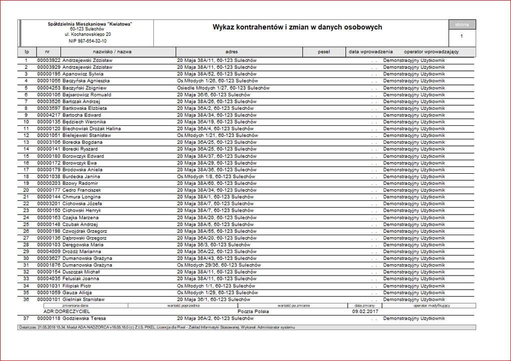 Wydruk zawiera kontrahentów z listy oraz ewentualnie zmiany