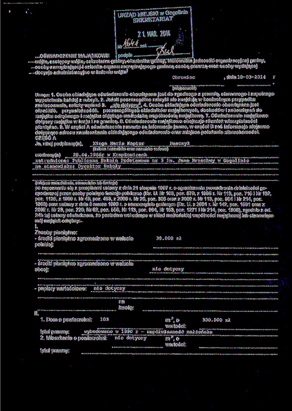 ,, l. URZĄD MIEJSKI w Gogolinie SEKRETARIAT 21 MAR. 2014 :Jr.