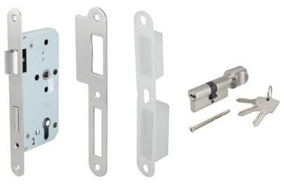 center to center distance 72 mm and 55 mm backset with double step deadlocking and reversible latch Brass profile cylinder in 10 pins keying system, length 60 mm with round thumb turn (Entrance