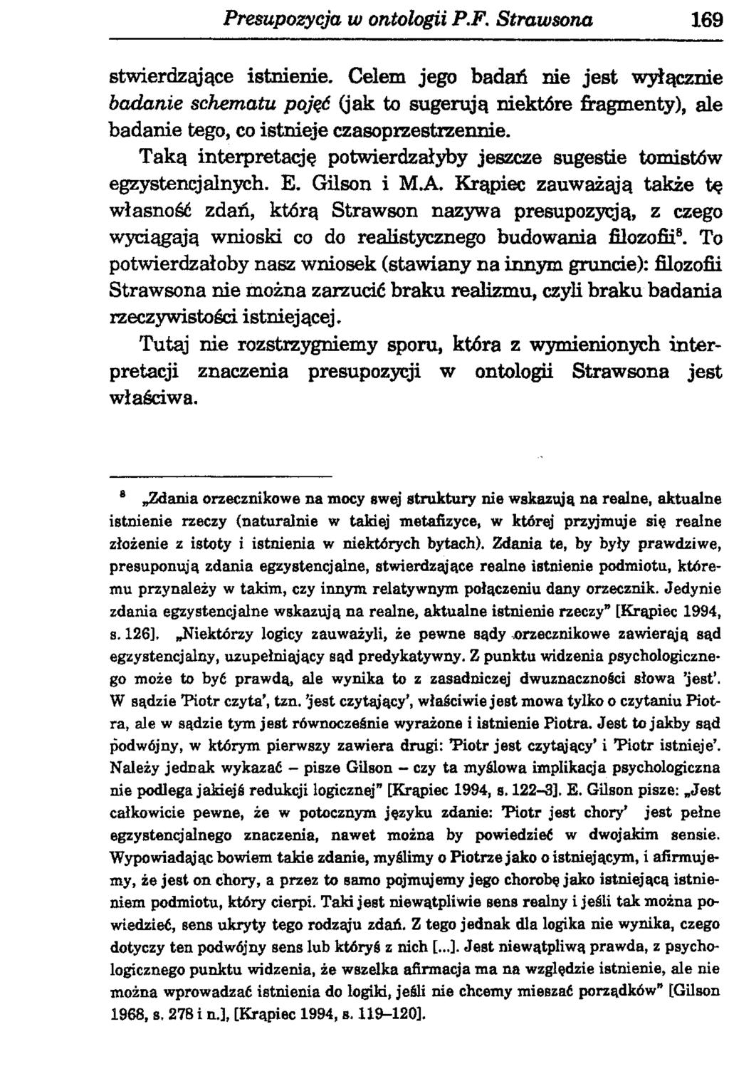 Presupozycja w ontołogii P.F. Strawsona 169 stwierdzające istnienie.