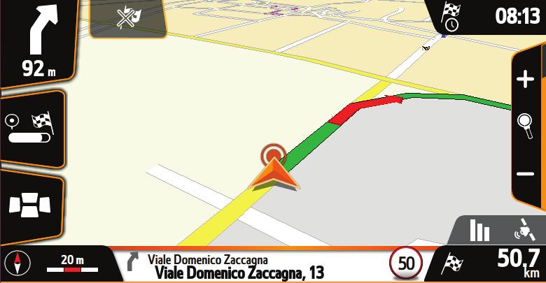 8 IKONA STATUSU GPS Naciśnij okno danych GPS, aby Jakość sygnału GPS otworzyć stronę GPS. 9 Wskaźnik pasa ruchu Zalecany pas ruchu jest wyświetlany na pomarańczowo.