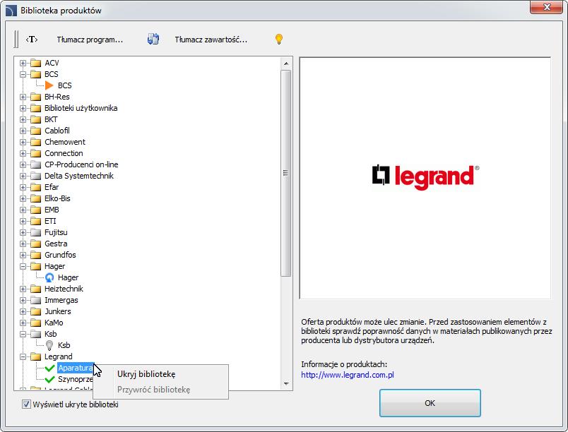 Zarządzanie bibliotekami produktów Do programu dodawane są kolejne biblioteki produktów przygotowane wspólnie z producentami różnych urządzeń z różnych branż.