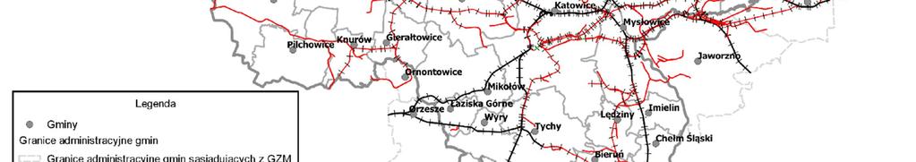 obszaru GZM oraz zidentyfikowanych linii kolejowych