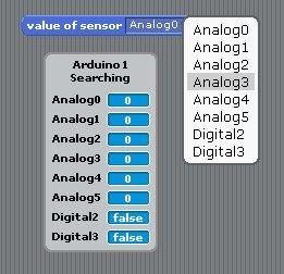 Rysunek 18. Odczytywanie wartości z wejścia analogowego w Scratchu4Arduino.