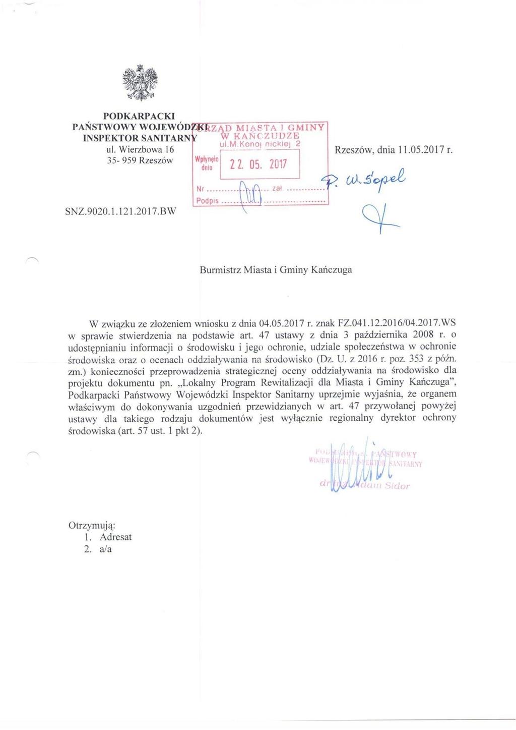 Załącznik nr 3 Pismo Podkarpackiego Państwowego Wojewódzkiego Inspektora Sanitarnego w