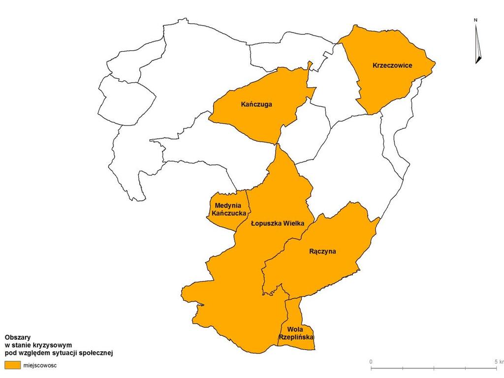 Mapa nr 2 Obszary w stanie kryzysowym pod względem występowania negatywnych zjawisk społecznych na terenie Miasta i Gminy Kańczuga 3.9.
