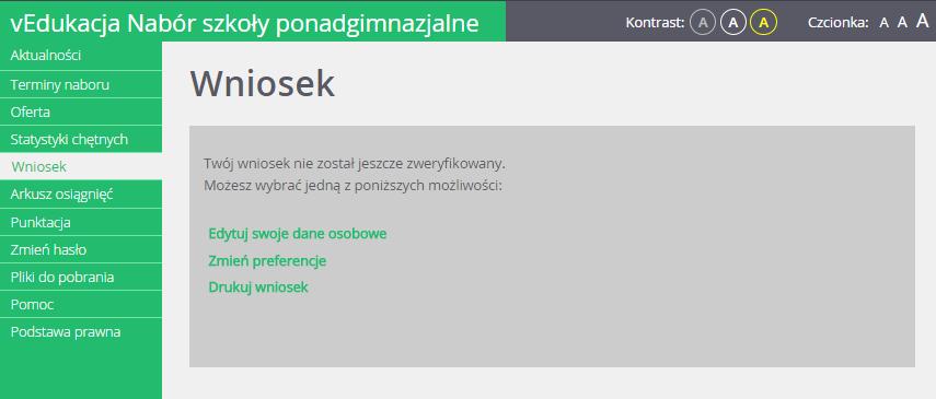 Po kliknięciu odpowiednich odnośników w prawym panelu kandydat może: zmienić swoje dane osobowe, zmienić preferencje, ponownie wydrukować wniosek i dostarczyć go do szkoły.