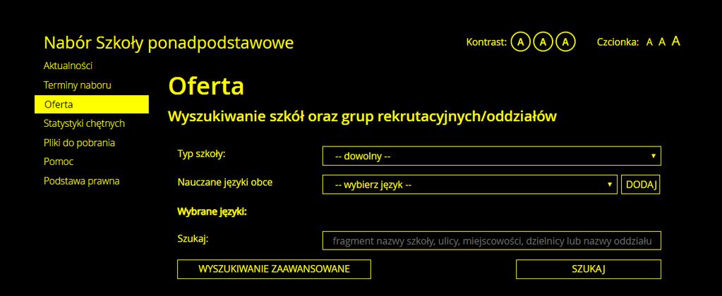 Widok strony w kontraście W czasie przeglądania oferty i rejestracji kandydata użytkownik może przełączyć widok na wersję dostosowaną do potrzeb