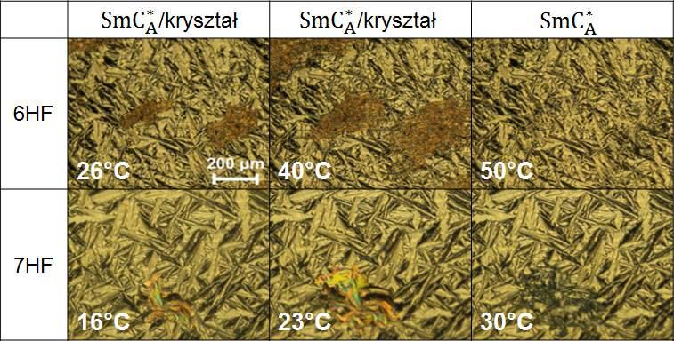 Zimnej krystalizacji 5HF nie zaobserwowano w pomiarach POM i DSC, jednak pojawienie się fazy krystalicznej przy ogrzewaniu było widoczne na dyfraktogramach.