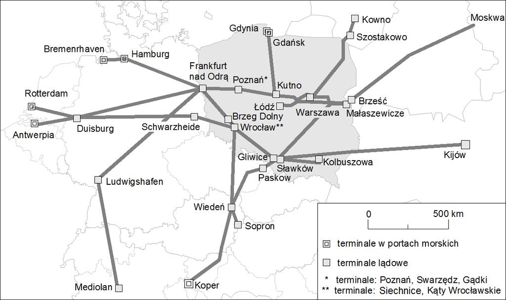 Główne szlaki kolejowych międzynarodowych przewozów intermodalnych przechodzące przez Polskę 2017 r.