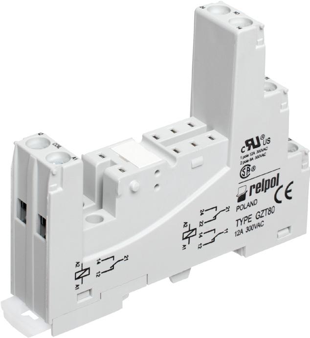 Gniazda i akcesoria GZT80 Do RM84,, inrush, 105 C sensitive, RM87P, RM87P sensitive Z zaciskami śrubowymi Maksymalny moment dokręcenia zacisku: 0,7 Nm Montaż na szynie 35 mm wg PN-EN 60715 lub na