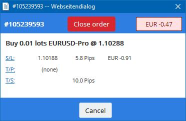 Czerwony przycisk Zamknij pozycję służy do zamykania zleceń. Ponadto możesz dostosować S/L, T/P, czy trailing stop za pomocą odpowiednich przycisków znajdujących się w oknie.