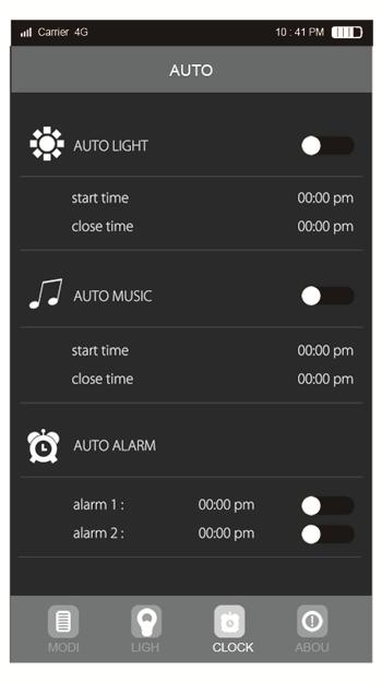 Dostępne są trzy tryby automatyczne: Automatyczne światło, Automatyczne odtwarzanie i wstrzymanie muzyki oraz Automatyczny budzik Naciśnij przycisk Start time