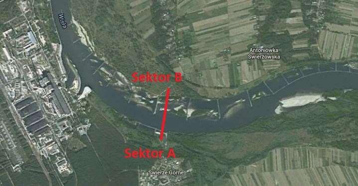 3. Miejsce rozegrania zawodów. Rzeka Wisła w okolicach miejscowości Świerże Górne (powyżej Elektrowni Kozienice), wpływ rzeki Zagożdżonka.