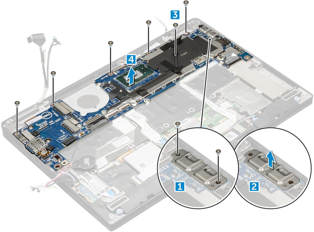 Instalowanie płyty systemowej 1 Dopasuj płytę systemową do uchwytów śrub w komputerze. 2 Wkręć śruby M2,0x3,0 mocujące płytę systemową do komputera.