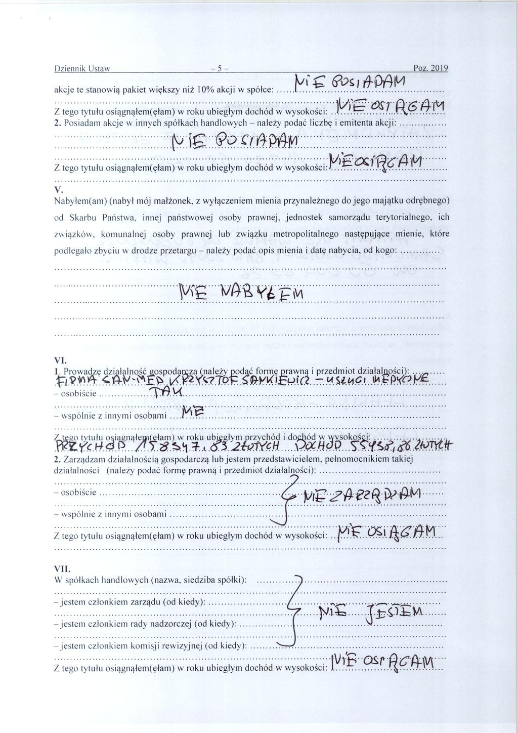 Poz. 20 19 5 akcje te stanowi ą pakiet wi ększy ni ż 10% akcji w spółce: IV 6'12s i 9Q/911/1 «TR6.19:1%1 Z tego tytu łu osi ągnąłem( ęłam) w roku ubiegłym dochód w wysokosci: 2.