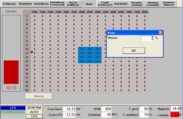 Pierwsza funkcja pozwala na dokonywanie procentowych korekt poprawek dla czasów wtrysków - obliczonych wcześniej w sposób automatyczny.