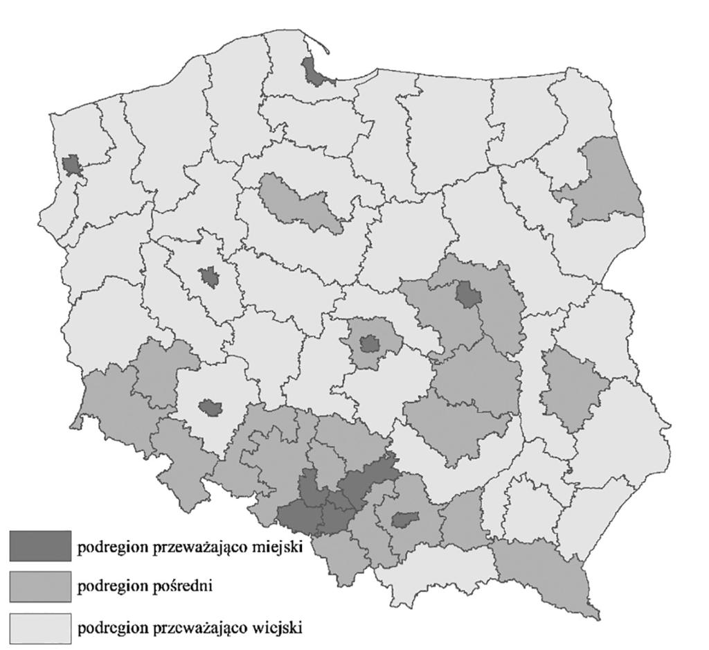 Obszary wiejskie w statystyce publicznej 279 Rysunek 2. Podział terytorialny kraju według typologii regionów OECD w 2014 r. Źródło: opracowanie własne na podstawie danych GUS.