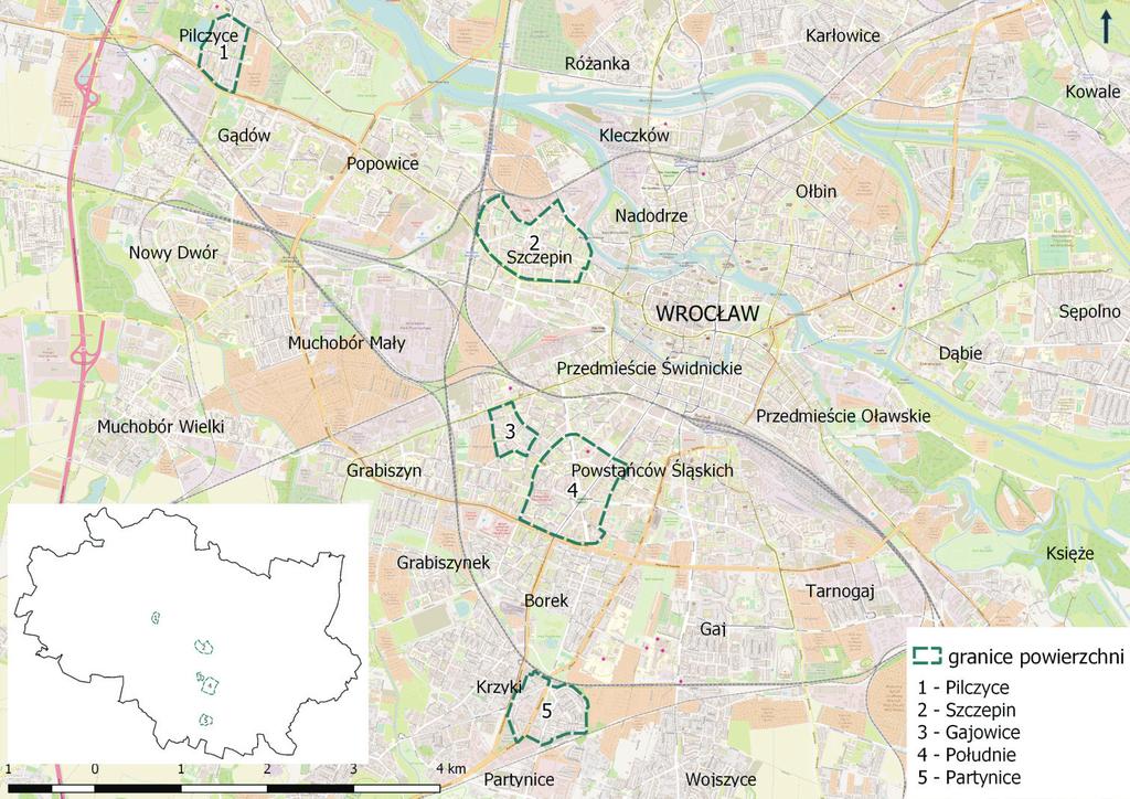 Rycina 1. Rozmieszczenie badanych powierzchni na mapie Wrocławia Figure 1. Distribution of study plots on the map of Wrocław nowsza zabudowa mieszkaniowa zajmowały 72% całej zabudowy.