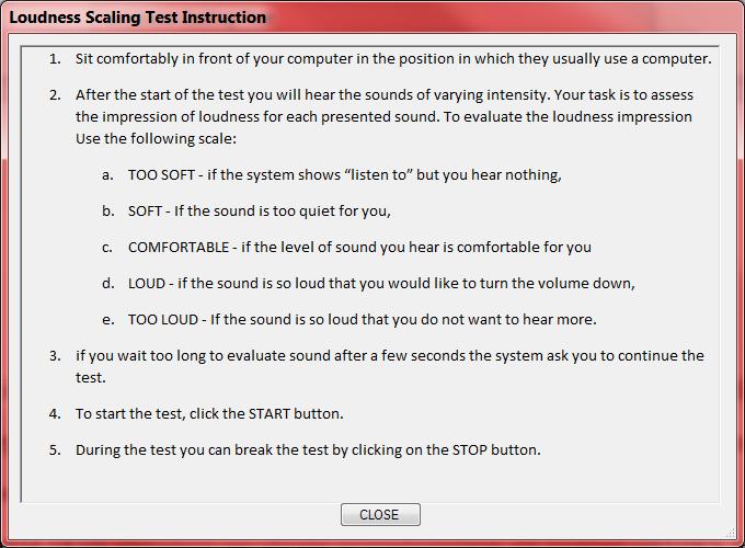 Rys. 13. Okno z instrukcja testu skalowania głośności Gdy użytkownik jest już gotowy do przeprowadzenia testu (siedzi w odpowiedniej pozycji) powinien kliknąć na przycisk START (rys. 12).