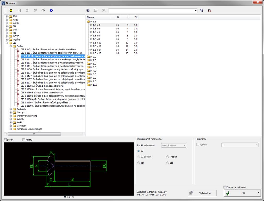 Mechanical dodatkowe normy JIS Do bibliotek programu wprowadzono kolejne elementy, japońskiego standardu przemysłowego (JIS) m.in.: Śruby (JIS 1101. JIS 1111, JIS 1174, JIS 1177, JIS 1180).