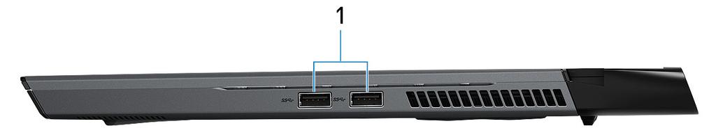 Widoki komputera Alienware m15 R2 W lewo 1 Gniazdo linki zabezpieczającej (blokada klinowa) Umożliwia podłączenie linki antykradzieżowej, służącej do ochrony komputera przed kradzieżą.
