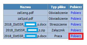 Po wybraniu opcji Szczegóły opiekun pracy ma możliwość pobrania plików związanych z pracą dyplomową wybranego studenta (rys. 3). Rys.