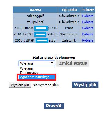 7 Zmiana statusu pracy dyplomowej na Zgodna z instrukcją Po wybraniu