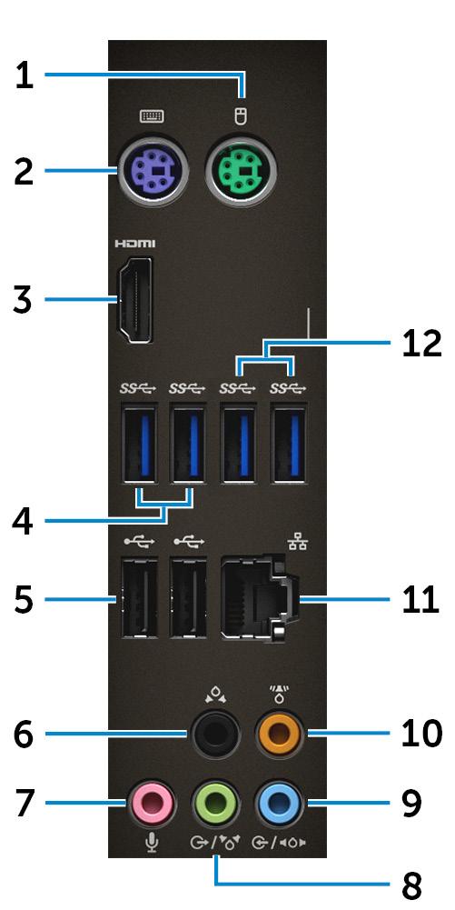 Panel tylny 1 Złącze PS/2 (mysz) Umożliwia podłączenie myszy PS/2. 2 Złącze PS/2 (klawiatura) Umożliwia podłączenie klawiatury PS/2.