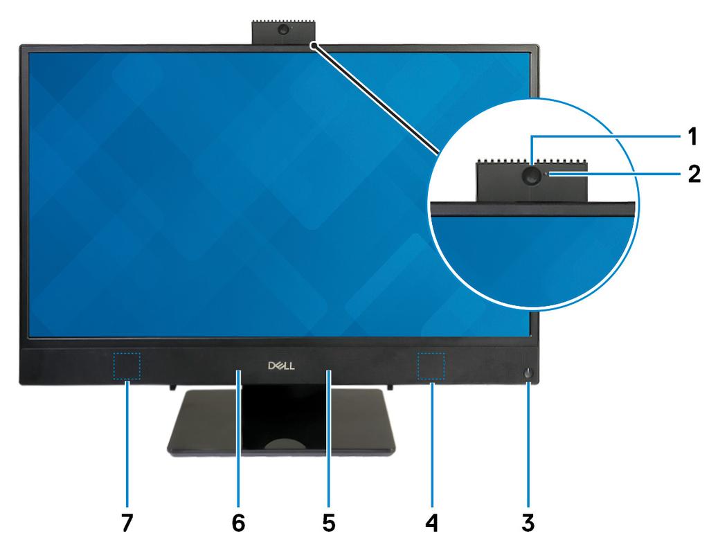 Widoki komputera Inspiron 24-3480 3 Przód 1 Chowana kamera Umożliwia prowadzenie rozmów wideo, robienie zdjęć i nagrywanie filmów. Kamerę można schować z myślą o ochronie prywatności użytkownika.