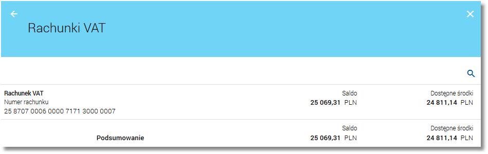 Kliknięcie w wiersz wybranego rachunku VAT powoduje wyświetlenie dodatkowych informacji na temat rachunku oraz dodatkowych przycisków.