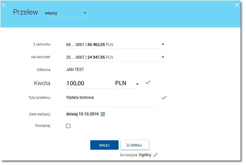 Użytkownik w procesie dodawania przelewu do koszyka (w pierwszym kroku) ma możliwość wyboru koszyka, do którego ma trafić docelowo przelew.