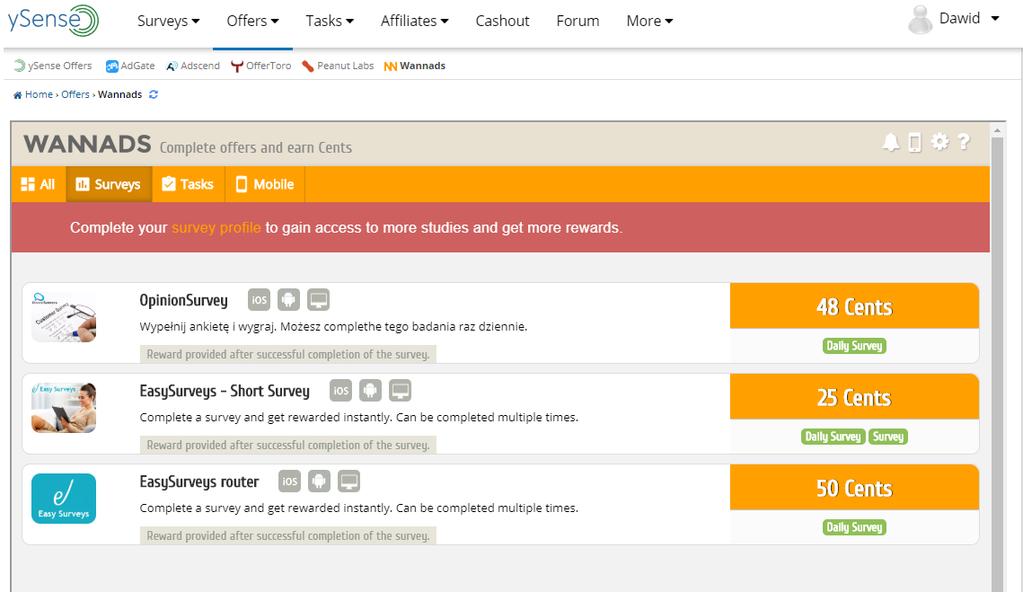 10. W ysense możemy zarabiać także w Offers. Tam również mogą nam się trafić zadania i ankiety.