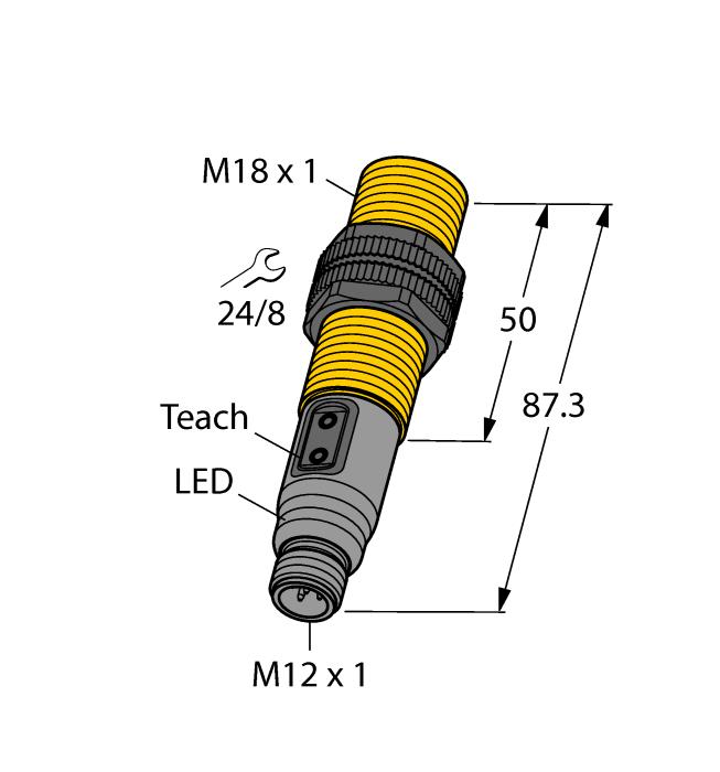 Obudowa cylindryczna gwintowana M18 1 Tworzywo sztuczne, PA12-GF30 Tryb uczenia i konfiguracja przyciskami na urządzeniu, za pośrednictwem styku 5 i IO-Link Schemat podłączenia Typ Nr kat.