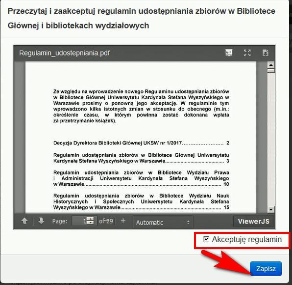 5) W celu zakończenia aktywacji konta przeczytaj i zaakceptuj Regulamin udostępniania zbiorów bibliotek UKSW, który pokaże się w dodatkowym okienku. 1.2.