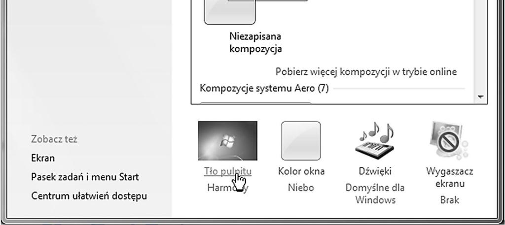 Ustawianie tła Pulpitu używając obrazów dostępnych w systemie Windows Aby zmienić tło pulpitu korzystając z obrazów systemu Windows: 1.