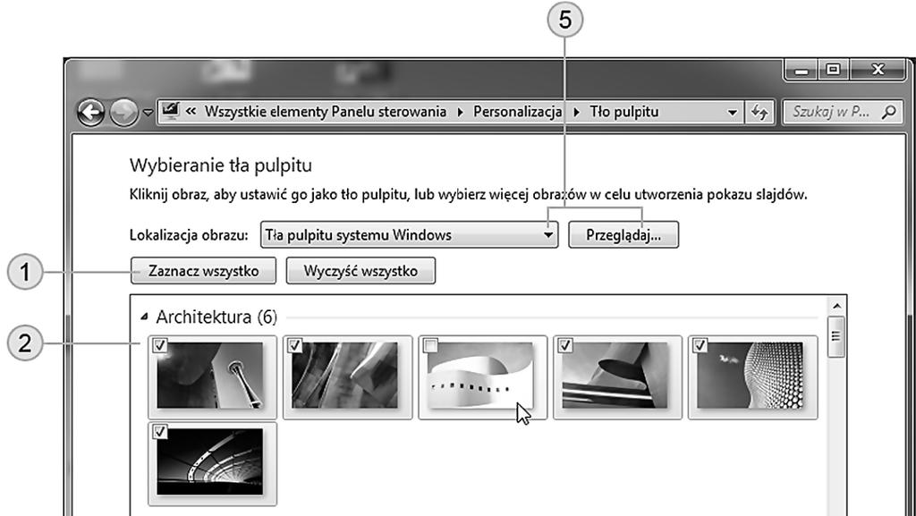 Okno ustawień tła pulpitu. Tutaj wybierasz obraz (lub obrazy), który będzie stanowił tło pulpitu. Domyślnie wszystkie obrazy są zaznaczone znacznikiem będą wyświetlane w kompozycji.