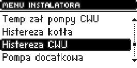 i) Temperatura załączenia pompy C.W.U. Opcja ta służy do ustawiania temperatury załączenia pompy C.W.U. (jest to temperatura mierzona na kotle). Powyżej nastawionej temperatury (np.