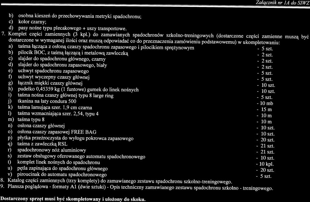 Opis Załącznik nr JA do SIWZ fu/3 1/IX35/ZO/PN/A E/DOS/K] strona 8/8 1 b) osobna kieszeń do przechowywania metryki spadochronu; c) kolor Czarny; d) pasy nośne typu plecakowego + uszy transportowe. 7.