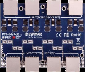 Zgodność z sieciami PTU-64-ECO/PoE PTU-64-EXT/PoE PTF-64-ECO/PoE PTF-64-EXT/PoE Ochrona urządzeń sieci LAN, instalowanych wewnątrz budynków 10Base-T, 100Base-T 1000Base-T/Tx Ochrona urządzeń sieci