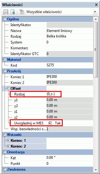 Po zdefiniowaniu offsetu, wystarczy odznaczyć opcję Uwzględnij w MES w panelu właściwości