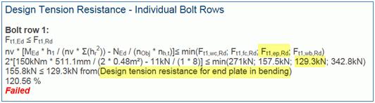 Advance Design Steel Connections Dodatkowe informacje w przypadku nieudanych sprawdzeń Jeżeli sprawdzenie nie powiedzie się, w raporcie obliczeń program wskaże element powodujący problem.