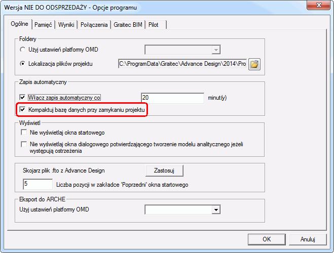 Opcja automatycznego kompaktowania bazy danych Zaimplementowana została opcja automatycznego kompaktowania baz danych *.adb podczas zamykania projektu.