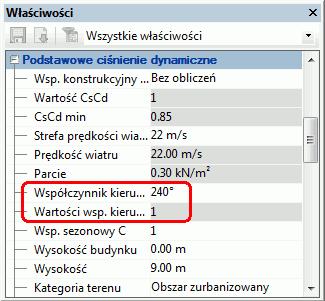 Wiatr wg EC1 - załącznik brytyjski: wartość domyślna dla "Kierunek wiatru" została ustalona na 240, co oznacza, że współczynnik kierunkowy jest równy 1.