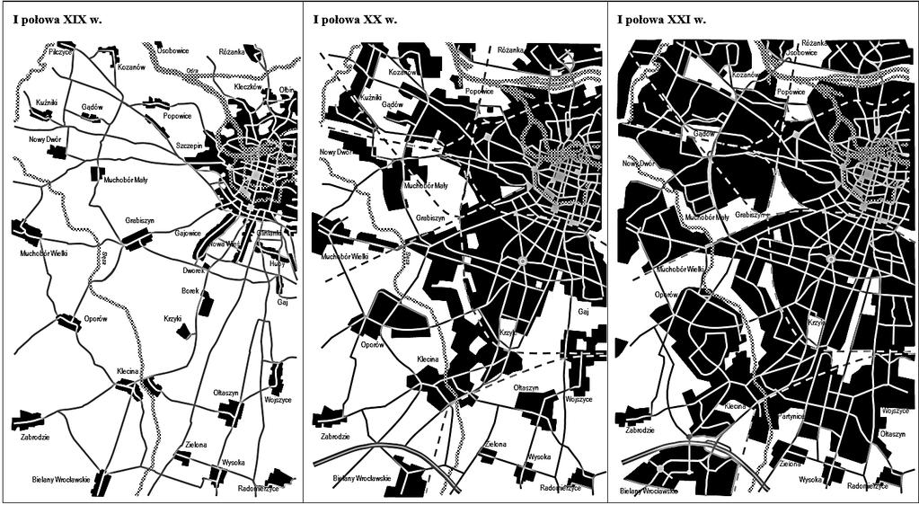 Historyczny przebieg wypełniania się przestrzeni międzysąsiedzkich w procesie urbanizacji południowo-zachodniej części Wrocławia (Źródło: