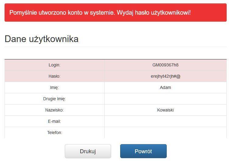 Zasady administracji użytkownikami: Rysunek 6-6 Przykładowe okno do wydruku danych uwierzytelniających dla użytkownika.